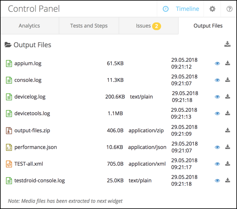 Output files panel Output files panel