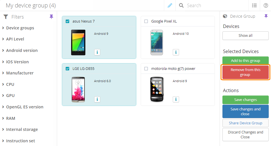 Removing devices from a device group Removing devices from a device group