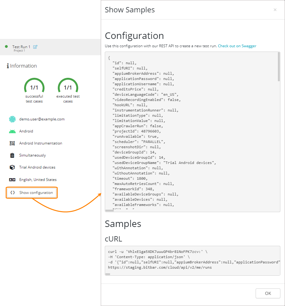 Viewing test run configuration Viewing test run configuration