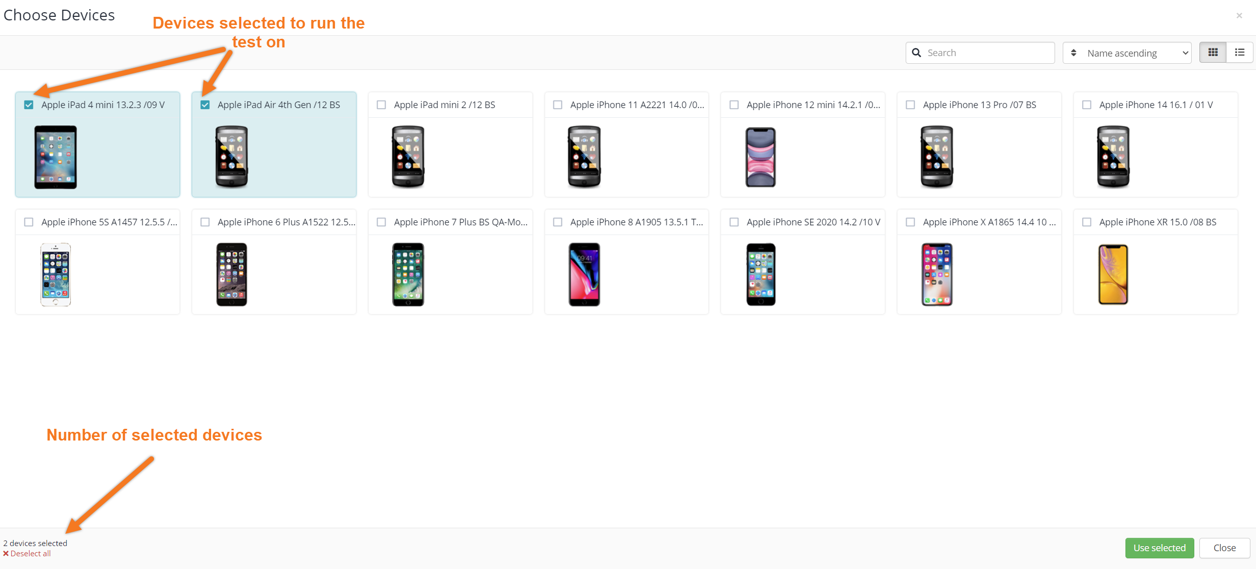 BitBar_Screenshot_ParallelTests.png A screenshot of the BitBar Mobile Test device selection window with two devices selected.