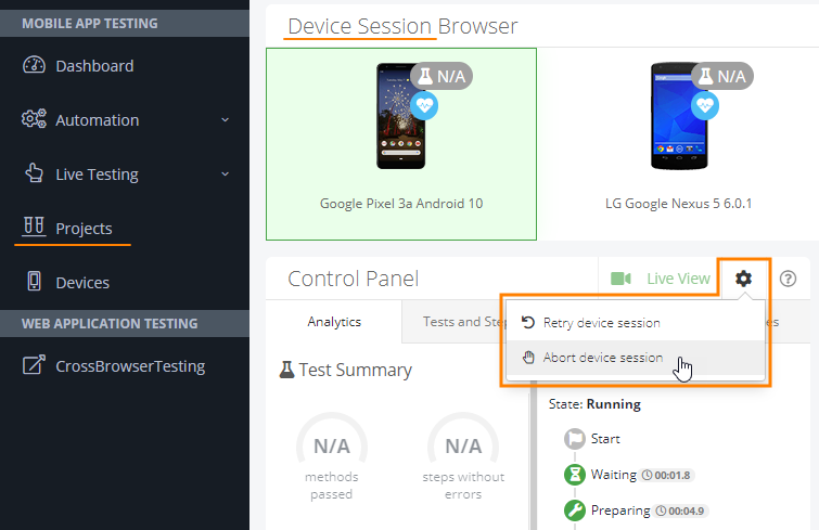 The new 'Abort device session' command The new 'Abort device session' command