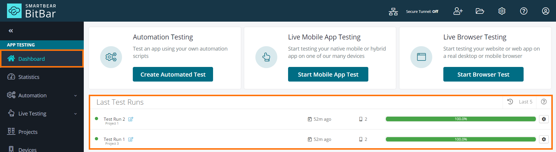 Last used test runs Last used test runs